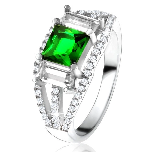 Prsteň zo striebra 925, štvorcový zelený zirkón, číre obdĺžnikové kamienky - Veľkosť: 52 mm