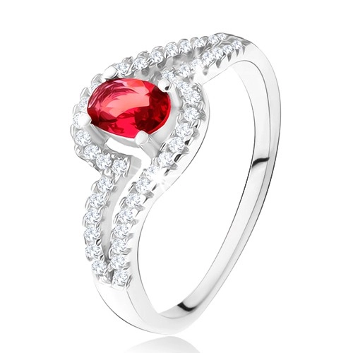 Prsteň s oválnym červeným kameňom, zvlnené zirkónové ramená, striebro 925 - Veľkosť: 50 mm