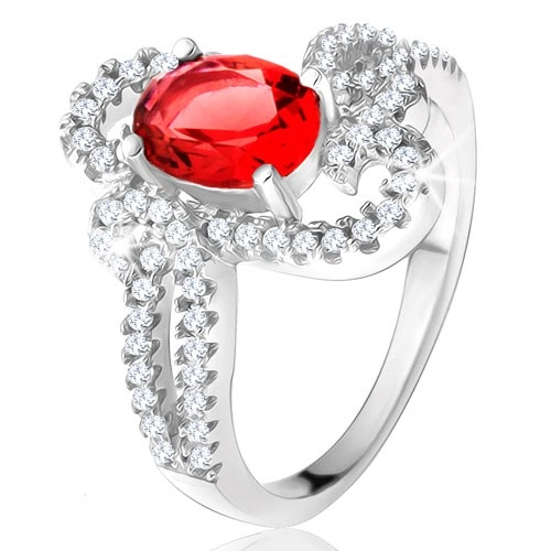 Strieborný prsteň 925, oválny červený kameň, ozdobne zatočené zirkónové ramená - Veľkosť: 55 mm