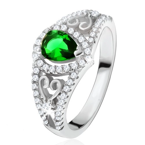 Prsteň zo striebra 925, zelený slzičkový kameň, číre zirkóny, obrysy sŕdc - Veľkosť: 52 mm