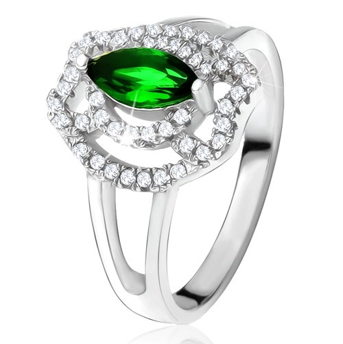 Prsteň so zeleným zrniečkovým kameňom, zirkónové oblúky, striebro 925 - Veľkosť: 60 mm