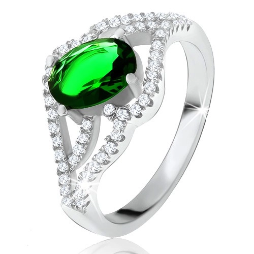 Prsteň s oválnym zeleným kameňom, zvlnené zirkónové ramená, striebro 925 - Veľkosť: 59 mm
