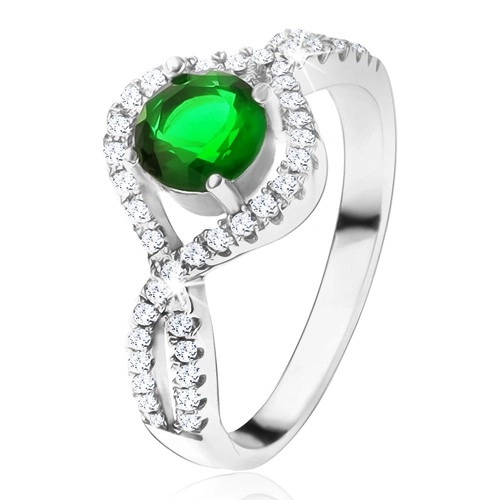 Strieborný 925 prsteň, okrúhly zelený kameň, zatočené zirkónové ramená - Veľkosť: 50 mm