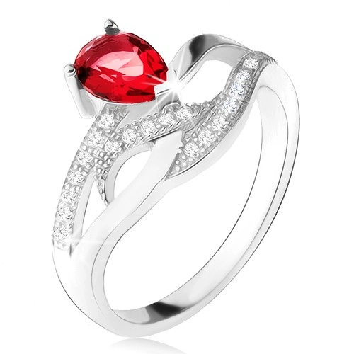 Lesklý prsteň zo striebra 925, červený kameň v tvare slzy, zvlnené zirkónové línie - Veľkosť: 54 mm
