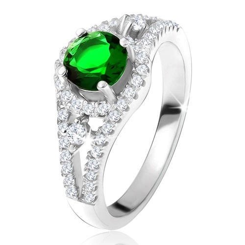 Prsteň - striebro 925, okrúhly zelený zirkón, zaoblené línie, číre kamienky - Veľkosť: 50 mm