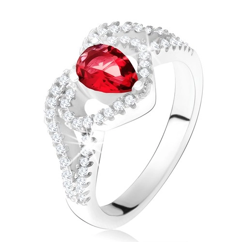 Prsteň s rubínovým zirkónom a čírou kontúrou srdca, striebro 925 - Veľkosť: 52 mm