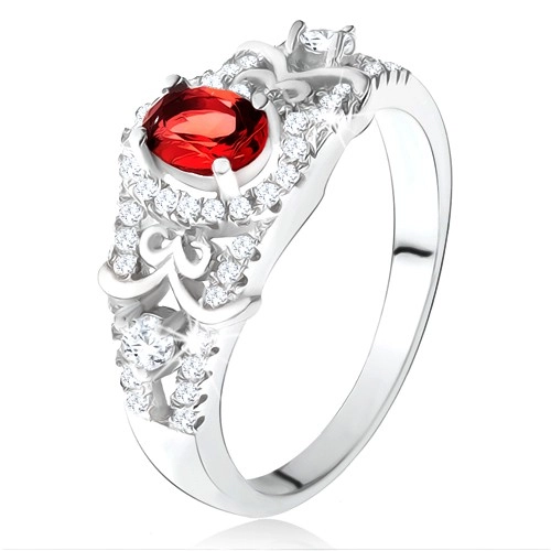 Strieborný 925 prsteň, oválny červený zirkón s čírym lemom, ozdobné línie - Veľkosť: 57 mm