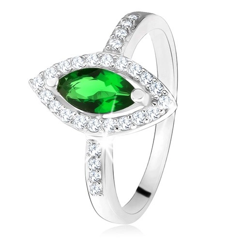 Lesklý prsteň - striebro 925, zrnkový zelený kameň s lemom, číre zirkóniky - Veľkosť: 60 mm