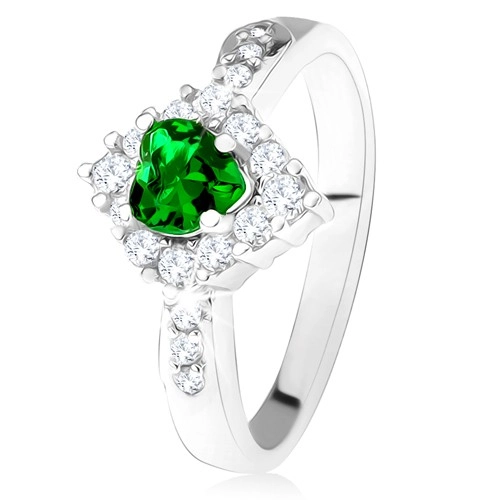 Prsteň so zeleným srdcovým zirkónom, číry kosoštvorec, striebro 925 - Veľkosť: 52 mm