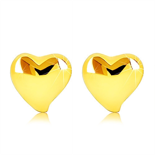 Náušnice zo žltého 9K zlata - ploché zrkadlovolesklé nesúmerné srdce