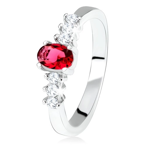 Strieborný zásnubný prsteň 925, oválny červený kamienok, číre zirkóny - Veľkosť: 60 mm