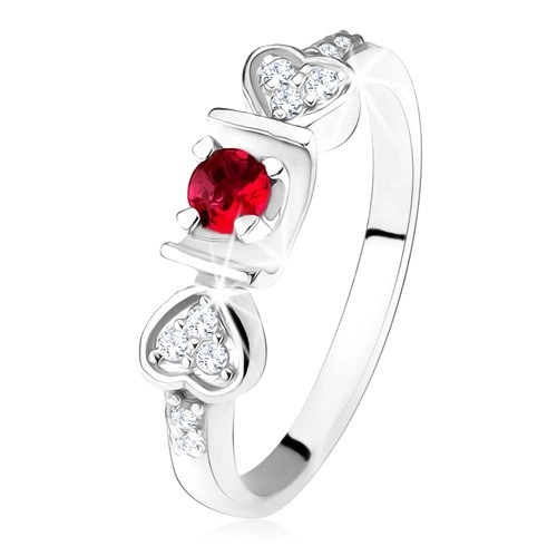 Lesklý prsteň - striebro 925, ružový okrúhly zirkón v žliabku, srdiečka, číre kamienky - Veľkosť: 55 mm