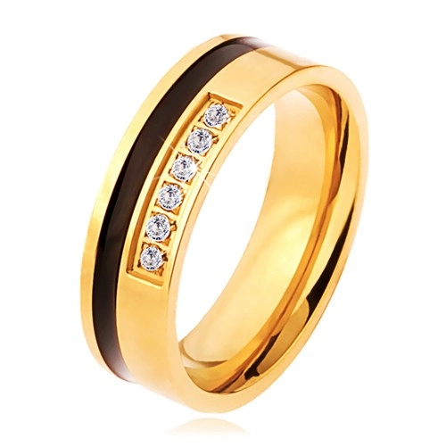 Oceľový prsteň zlatej a čiernej farby, ozdobná línia čírych zirkónov - Veľkosť: 67 mm
