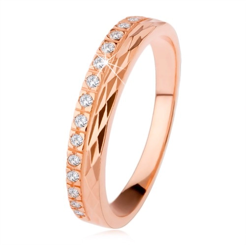 Strieborný prsteň 925 medenej farby, diamantový rez, zirkónová línia - Veľkosť: 68 mm