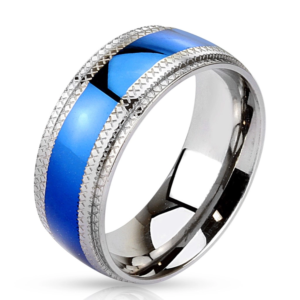 Oceľový prsteň - modrý pruh v strede, vrubkované okraje - Veľkosť: 59 mm