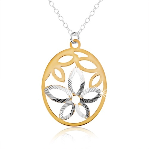 Strieborný náhrdelník 925, oválny prívesok, výrez kvetu, lupene zlatej farby