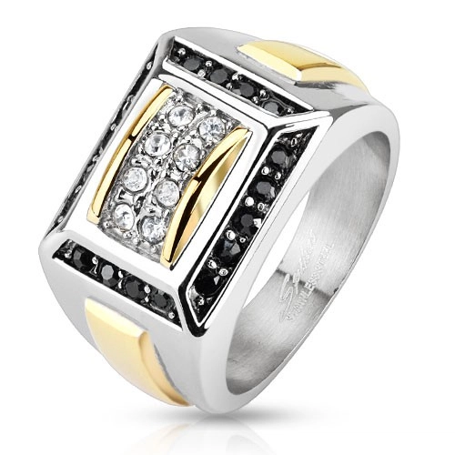 Oceľový prsteň striebornej a zlatej farby, čierne a číre zirkóny, obdĺžniky - Veľkosť: 62 mm