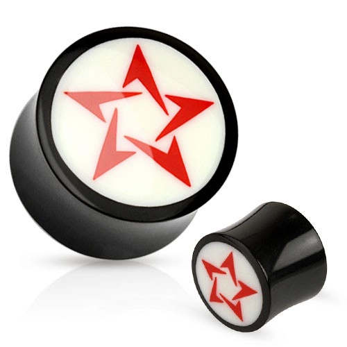Okrúhly čierno-biely plug do ucha z prírodného materiálu, červená hviezda - Hrúbka: 6 mm 