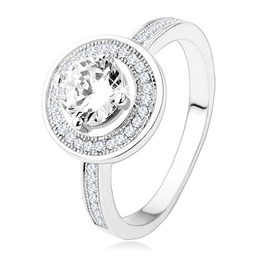 Zásnubný strieborný prsteň 925, kruh a ramená zdobené zirkónmi, číry kameň - Veľkosť: 52 mm