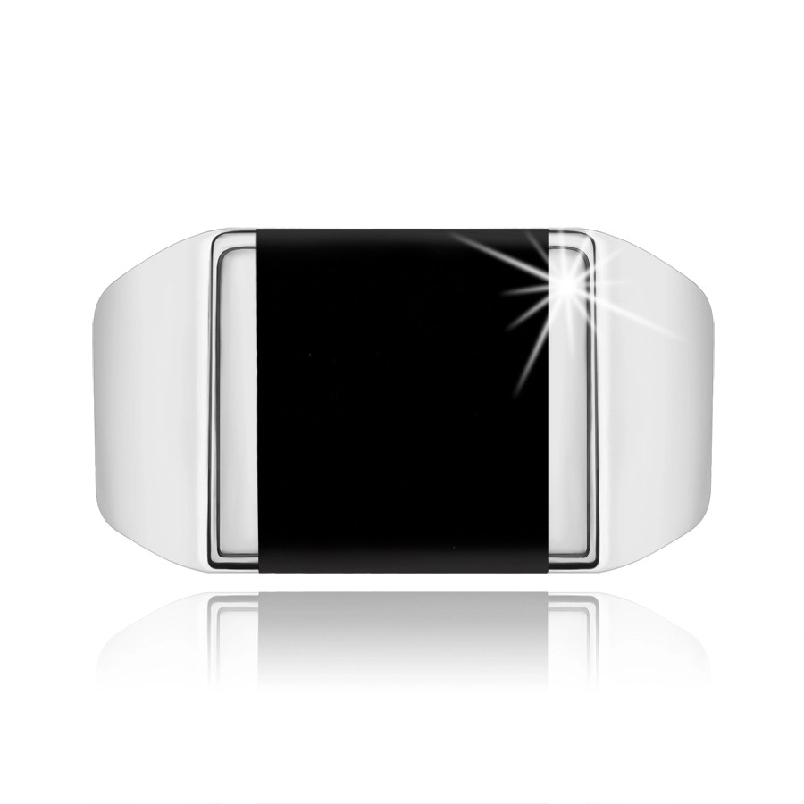 Strieborný prsteň 925, zrkadlovolesklé ramená, štvorec s čiernou glazúrou - Veľkosť: 63 mm