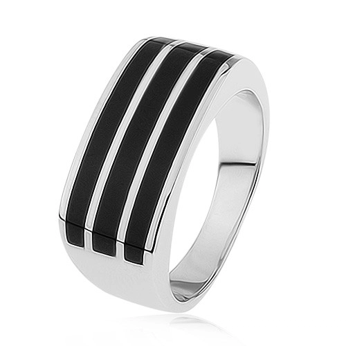 Lesklý strieborný prsteň 925, tri vodorovné pásy s čiernou glazúrou - Veľkosť: 61 mm