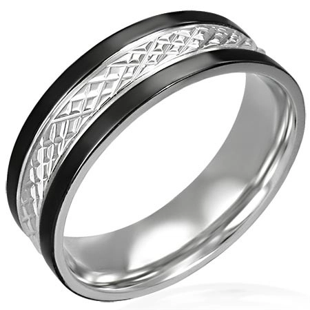 Oceľový prsteň s čiernymi pásmi po okrajoch - Veľkosť: 62 mm