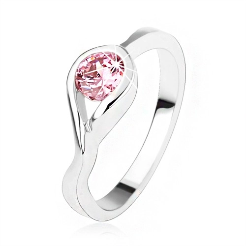 Strieborný zásnubný prsteň 925, okrúhly ružový zirkón, zatočené ramená - Veľkosť: 52 mm