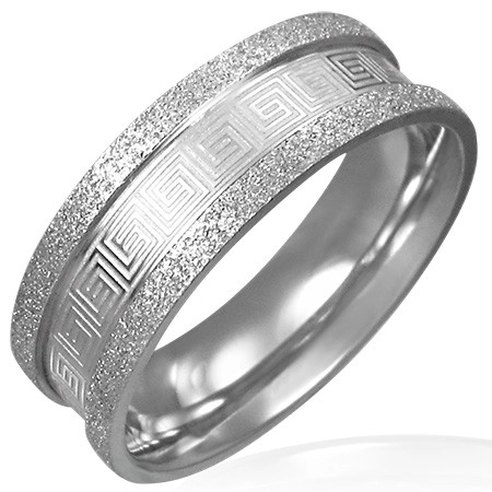 Pieskovaný oceľový prsteň - grécky kľúč - Veľkosť: 64 mm
