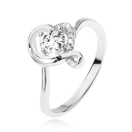 Zásnubný prsteň zo striebra 925, okrúhly číry zirkón v obryse zvlneného srdca - Veľkosť: 49 mm