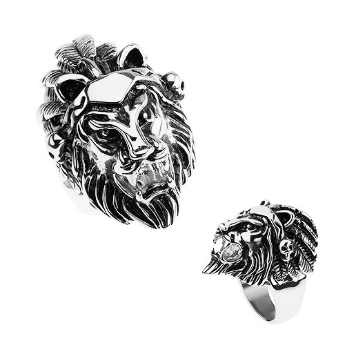 Prsteň z ocele 316L, strieborná farba, hlava leva, čelenka s pierkami, lebky - Veľkosť: 69 mm