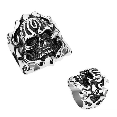 Oceľový patinovaný prsteň, vypuklá lebka, ornamenty na ramenách - Veľkosť: 62 mm