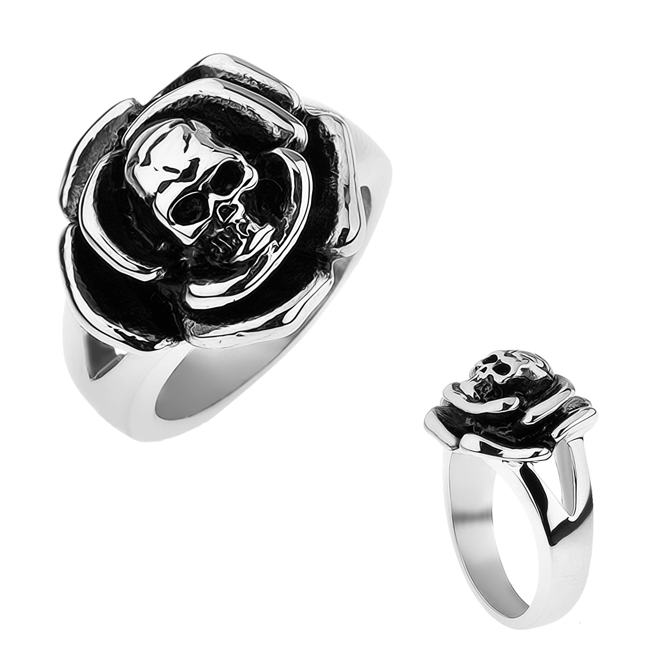 Patinovaný oceľový prsteň, ruža s lebkou v strede, rozdvojené ramená - Veľkosť: 68 mm