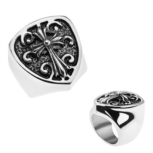 Patinovaný prsteň z ocele 316L, erb s ľaliovým krížom, ornamenty - Veľkosť: 64 mm