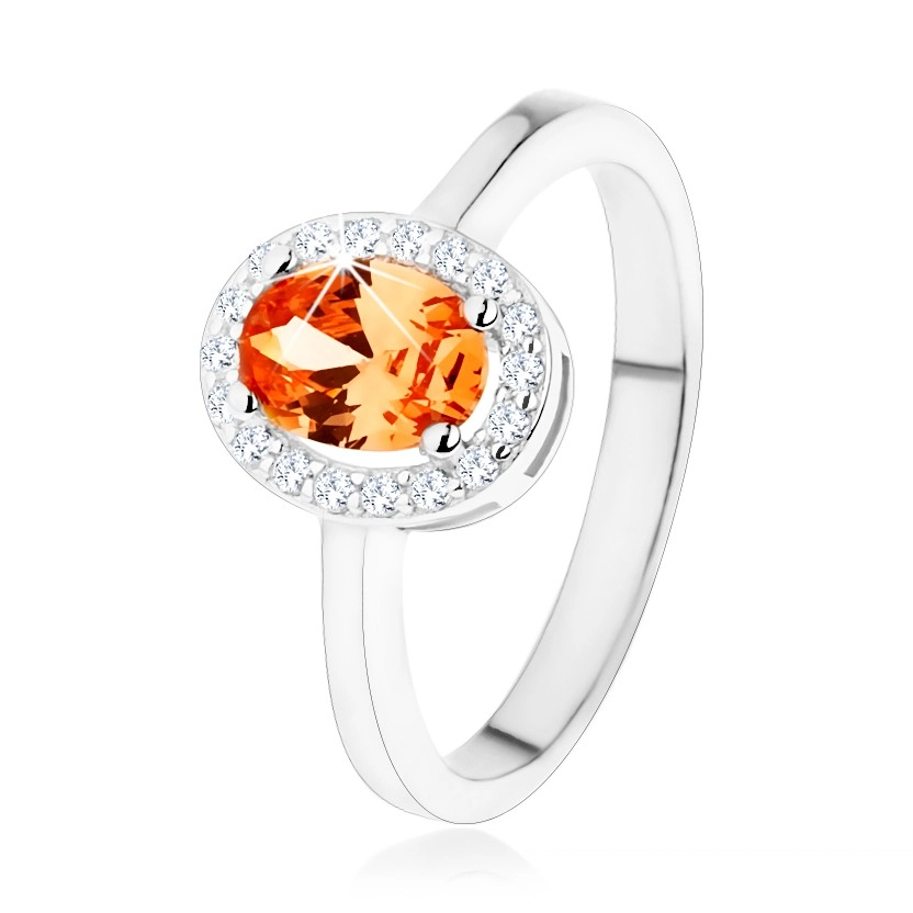 Strieborný prsteň 925, oranžový oválny zirkón, číry ligotavý lem - Veľkosť: 59 mm