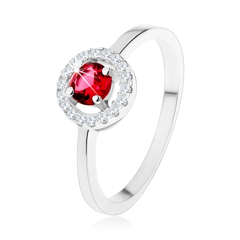 Zásnubný prsteň zo striebra 925, okrúhly červený zirkón, číry lem - Veľkosť: 54 mm
