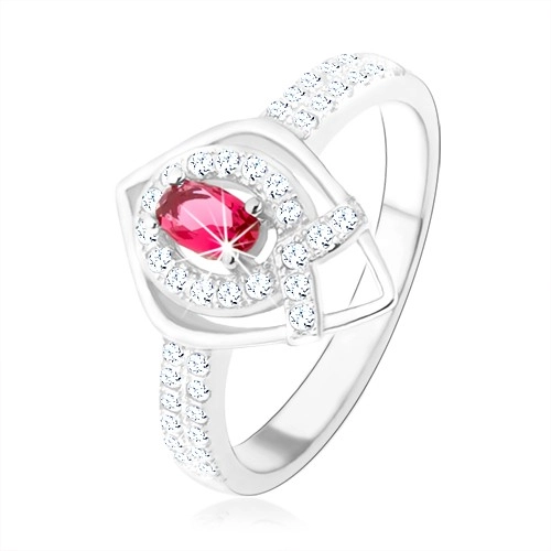 Strieborný prsteň 925, obrys špicatej slzy, ružový zirkón, línia v tvare \