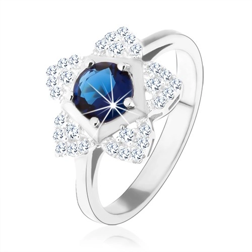 Zásnubný prsteň, striebro 925, ligotavý kvietok, okrúhly modrý zirkón - Veľkosť: 52 mm