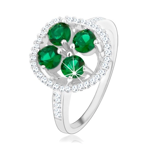 Zásnubný strieborný prsteň 925, okrúhly ligotavý kvet, zelené zirkóny - Veľkosť: 50 mm