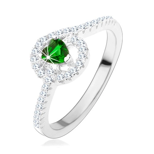 Zásnubný strieborný prsteň 925, zelené zirkónové srdiečko, trblietavé línie - Veľkosť: 50 mm