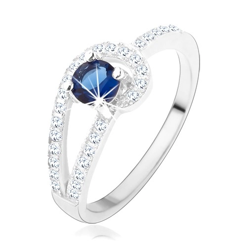 Strieborný prsteň 925, trblietavé línie čírej farby, okrúhly modrý zirkón - Veľkosť: 52 mm