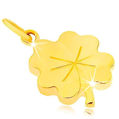 Prívesok zo žltého 9K zlata - lesklý plochý štvorlístok pre šťastie, ryhy