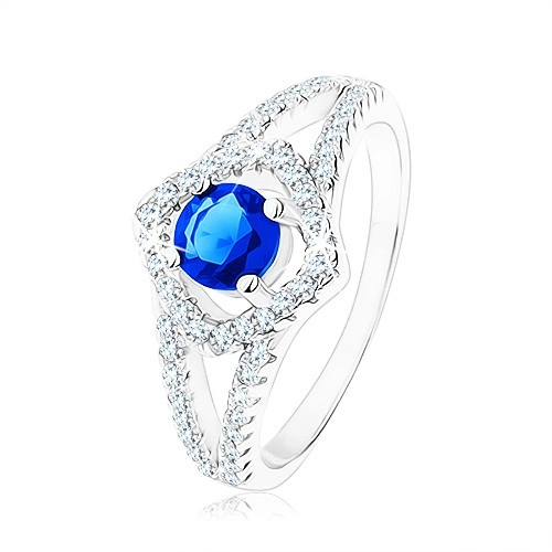 Strieborný prsteň 925, rozdvojené ramená, obrys štvorca, modrý zirkón - Veľkosť: 59 mm