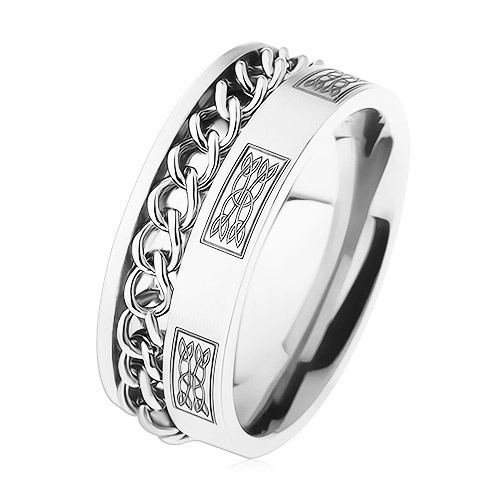 Oceľový prsteň s retiazkou, strieborná farba, ornamenty - Veľkosť: 60 mm