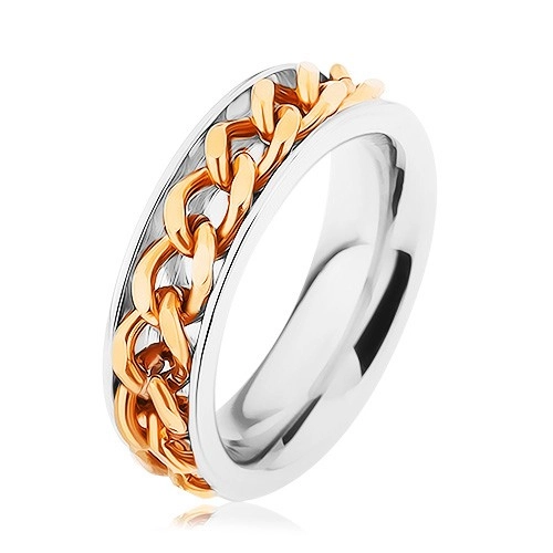 Oceľový prsteň, retiazka zlatej farby, zrkadlový lesk - Veľkosť: 72 mm
