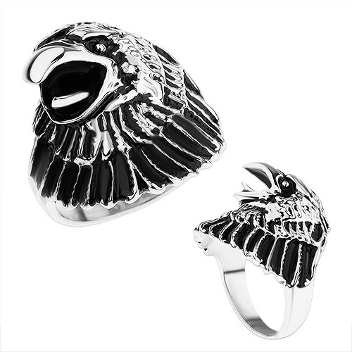 Masívny prsteň z ocele 316L, hlava orla s patinou, lesklé ramená - Veľkosť: 64 mm