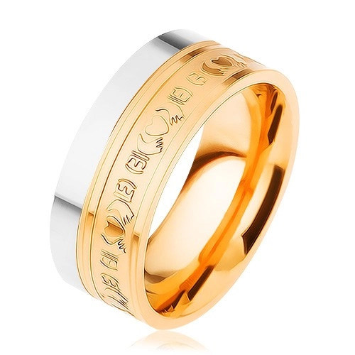 Oceľový prsteň, dvojfarebný - strieborný a zlatý odtieň, ornamenty, 8 mm - Veľkosť: 59 mm