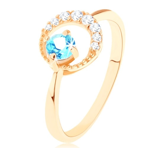 Zlatý prsteň 375 - kosák mesiaca zdobený čírymi zirkónikmi, modrý topás - Veľkosť: 55 mm