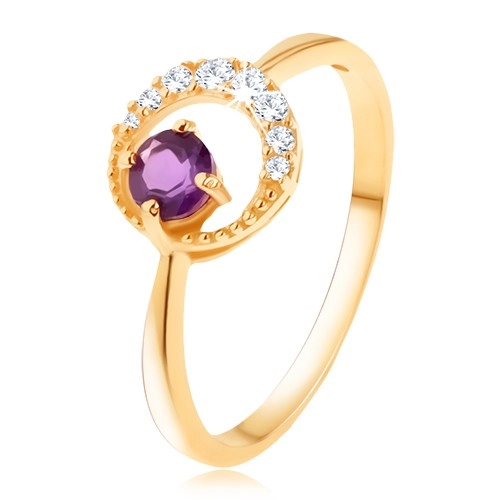 Zlatý prsteň 375 - tenký zirkónový polmesiac, ametyst vo fialovom odtieni - Veľkosť: 54 mm