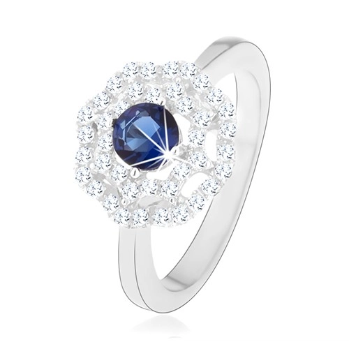 Ródiovaný strieborný prsteň 925, slnko - modrý okrúhly zirkón, dvojitý číry lem - Veľkosť: 57 mm