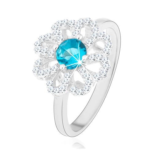 Trblietavý prsteň, striebro 925, zirkónový kvet - číre lupene, svetlomodrý stred - Veľkosť: 55 mm